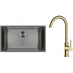 Zestaw Oltens Stalvask zlewozmywak stalowy 76x44 cm z baterią kuchenną Skafta czarny/złoty połysk (71102300, 35206800)