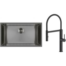 Zestaw Oltens Stalvask zlewozmywak stalowy 76x44 cm z baterią kuchenną Borga czarny/czarny mat (71102300, 35207300)