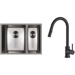 Zestaw Oltens Stalvask zlewozmywak stalowy 58x44 cm z baterią kuchenną Litla stal polerowana/czarny mat (71200100, 35204300)