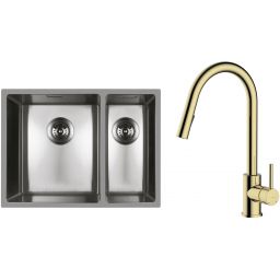 Zestaw Oltens Stalvask zlewozmywak stalowy 58x44 cm z baterią kuchenną Litla stal polerowana/złoty połysk (71200100, 35204800)