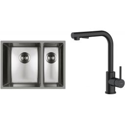 Zestaw Oltens Stalvask zlewozmywak stalowy 58x44 cm z baterią kuchenną Myvat stal polerowana/czarny mat (71200100, 35205300)