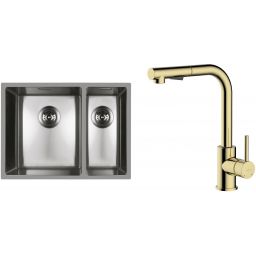 Zestaw Oltens Stalvask zlewozmywak stalowy 58x44 cm z baterią kuchenną Myvat stal polerowana/złoty połysk (71200100, 35205800)