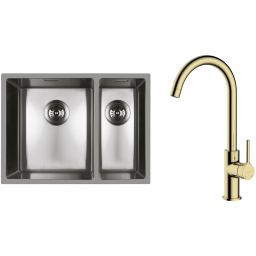 Zestaw Oltens Stalvask zlewozmywak stalowy 58x44 cm z baterią kuchenną Skafta stal polerowana/złoty połysk (71200100, 35206800)