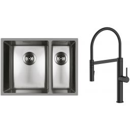 Zestaw Oltens Stalvask zlewozmywak stalowy 58x44 cm z baterią kuchenną Borga stal polerowana/czarny mat (71200100, 35207300)