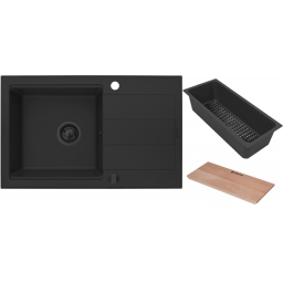 Pyramis Sparta Plus zlewozmywak granitowy 78x48 cm czarny z deską kuchenną i wkładką ociekową (70175802, 525009601, 521019601)