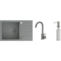 Zestaw Quadron Peter 111 zlewozmywak z baterią kuchenną Kate i dozownikiem płynu Keira silver stone (HCQP7850SZK, 3623500GR, MFS1001GR)