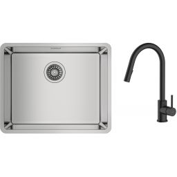 Zestaw Teka Be Linea RS15 50.40 zlewozmywak 54x44 cm z baterią kuchenną Oltens Litla stal polerowana/czarny mat (115000005, 35204300)