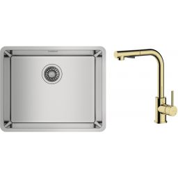 Zestaw Teka Be Linea RS15 50.40 zlewozmywak 54x44 cm z baterią kuchenną Oltens Myvat stal polerowana/złoty połysk (115000005, 35205800)