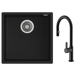 Zestaw Teka Square zlewozmywak Tegranit 44x44 cm czarny z baterią kuchenną Oval czarna (115230025, 116020015)