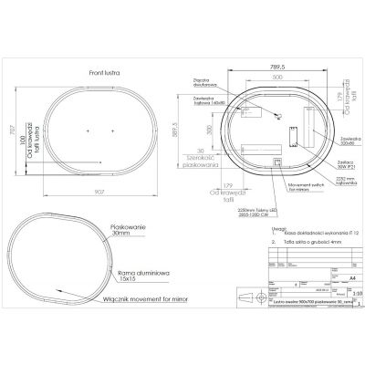 Comad Apollo 2 lustro 70x90 cm owalne z oświetleniem złoty LUSTRO APOLLO 2 900X700