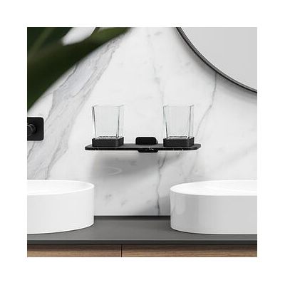 Geesa Shift półka szklana 30 cm z uchwytem na kubek podwójny szkło przezroczyste/efekt czarnego marmuru 919934-06-M6