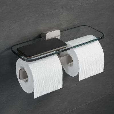 Geesa Shift uchwyt na papier toaletowy podwójny z półką szczotkowana stal nierdzewna/szkło przezroczyste 919948-05