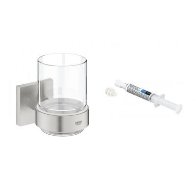 Zestaw Grohe Start Cube kubek do mycia zębów stal nierdzewna i klej montażowy QuickGlue (41097DC0, 41127000)