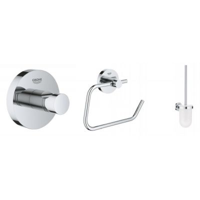 Zestaw Grohe Essentials akcesoria łazienkowe 3 szt wieszak, uchwyt na papier i szczotka toaletowa chrom (40364001, 40689001, 40374001)