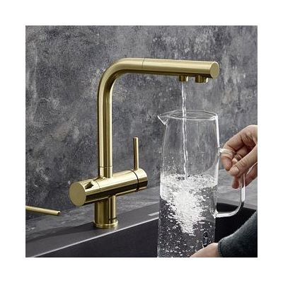 Zestaw Blanco Fontas II bateria kuchenna stojąca dozownik do płynu 300 ml blatowy złoty satynowy z zestawem filtrującym wodę (526694, 526699,527453)