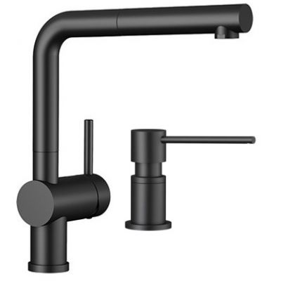 Zestaw Blanco Linus-S bateria kuchenna stojąca czarna z dozownikiem na płyn czarny mat (525807, 525789)