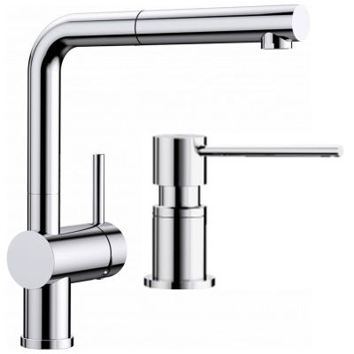 Zestaw Blanco Linus-S bateria kuchenna stojąca z dozownikiem na płyny Blanco Lato chrom (512402, 525808)