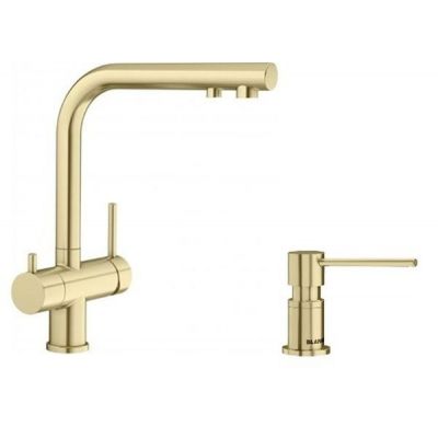 Zestaw Blanco Fontas II bateria kuchenna stojąca z podłączeniem do filtra wody z dozownikiem płynu 300 ml złoty satynowy (526692, 526699)