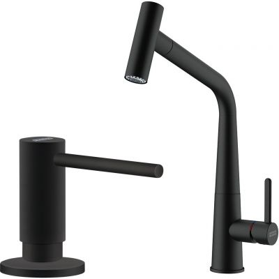 Zestaw Franke Icon bateria kuchenna stojąca z dozownikiem do płynów 300 ml czarny mat (1150625190, 1190547906)