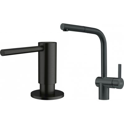 Zestaw Franke Atlas bateria kuchenna stojąca z dozownikiem do płynów 350 ml czarna stal szlachetna (1150550427, 1120717102)