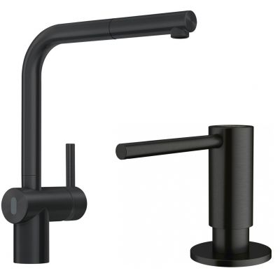 Zestaw Franke Atlas Neo Sensor bateria kuchenna stojąca z dozownikiem do płynów 350 ml czarna stal szlachetna  (1150625527, 1120717102)