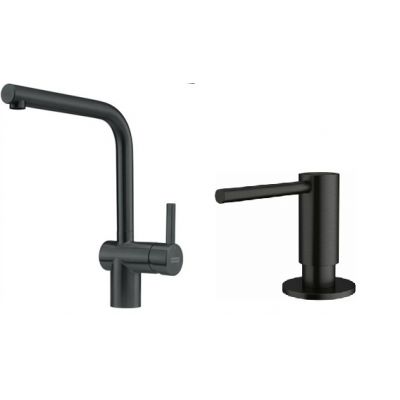 Zestaw Franke Atlas bateria kuchenna stojąca z dozownikiem do płynów 350 ml czarna stal szlachetna (1150550424, 1120717102)