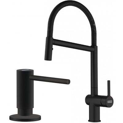 Zestaw Franke Active Semi Pro Spray bateria kuchenna stojąca z dozownikiem do płynów 300 ml czarny mat (1150653409, 1190547906)