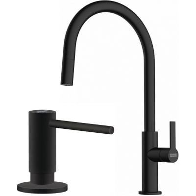 Zestaw Franke Maris Slim J Pull-Out bateria kuchenna stojąca z dozownikiem do płynów 300 ml czarny mat (1150728389, 1190547906)