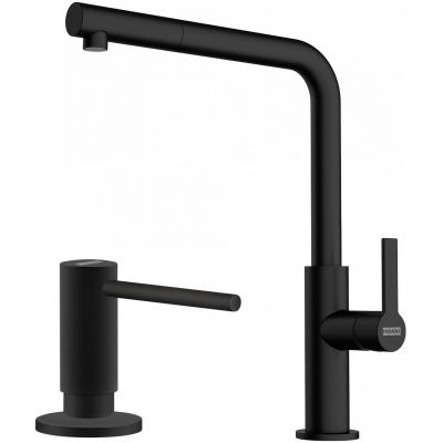 Zestaw Franke Maris Slim L Pull-Out bateria kuchenna stojąca z dozownikiem do płynów 300 ml czarny mat (1150728394, 1190547906)