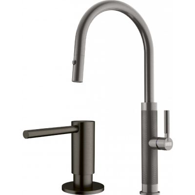 Zestaw Franke Mythos Masterpiece Pull-Out Spray bateria kuchenna stojąca z dozownikiem do płynów 350 ml antracyt (1150711555, 1120717103)