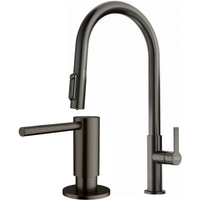 Zestaw Franke Maris Slim Clear Water J Pull-Out bateria kuchenna stojąca z dozownikiem do płynów 350 ml antracyt (1200736603, 1120717103)