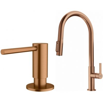 Zestaw Franke Maris Slim Clear Water J Pull-Out bateria kuchenna stojąca z dozownikiem do płynów 350 ml miedziany (1200736602, 1120717104)