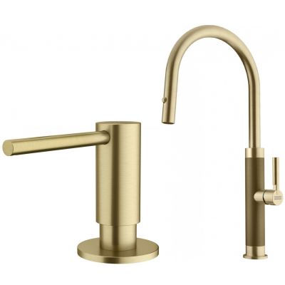 Zestaw Franke Mythos Masterpiece Pull-Out Spray bateria kuchenna stojąca z dozownikiem do płynów 350 ml złoto (1150711558, 1120717105)