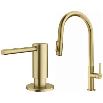 Zestaw Franke Maris Slim Clear Water J Pull-Out bateria kuchenna stojąca z dozownikiem do płynów 350 ml złoto (1200736601, 1120717105)