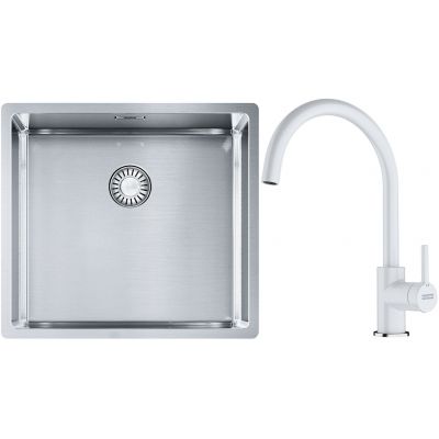 Franke Box BXX 210/110-45 zlewozmywak 49x45 cm stalowy z baterią kuchenną Lina biały polarny (1270453655, 1150626024)