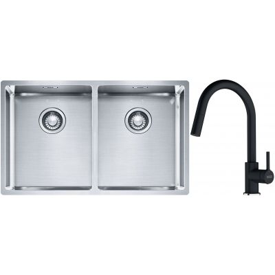 Franke Box BXX 220/120 34-34 zlewozmywak 74x45 cm stalowy z baterią kuchenną Lina onyx (1270370188, 1150626055)