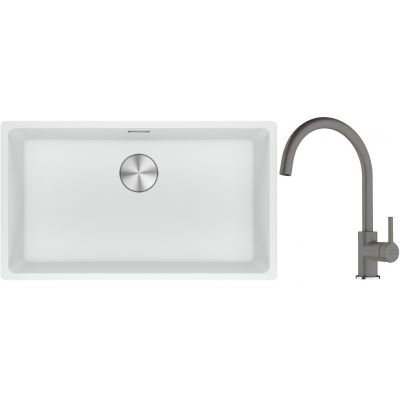 Franke Maris MRG 110-72 zlewozmywak 72x40 cm Fragranite biały polarny z baterią kuchenną Lina kamienny szary (1250687263, 1150626022)