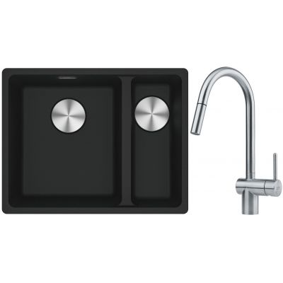 Franke Maris MRG 160-34-15SBR zlewozmywak 52x40 cm Fragranite czarny mat z baterią kuchenną Leda Neo stal szlachetna (1250687264, 1150590047)