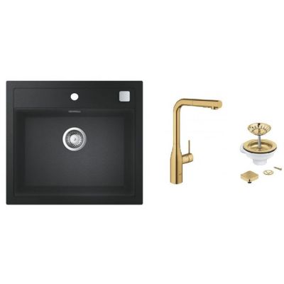 Zestaw Grohe K700 zlewozmywak granitowy czarny z baterią kuchenną Essence Brushed Cool Sunrise i zestawem odpływowym (31651AP0, 30270GN0, 40400GN0)