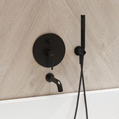 Zestaw Oltens Katla bateria podtynkowa termostatyczna z wylewką wannową Molle z deszczownicą 30 cm Vindel i kompletem prysznicowym Ume czarny mat 36611300