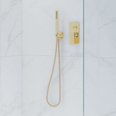 Zestaw Oltens Katla bateria podtynkowa termostatyczna z deszczownicą 30 cm Vindel i kompletem prysznicowym Ume złoty połysk 36608800