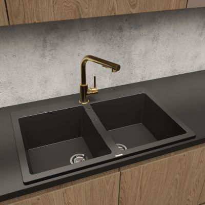 Zestaw Oltens Gravan zlewozmywak granitowy 2-komorowy 78x50 cm z baterią kuchenną Skafta czarny mat/złoty połysk (72400300, 35206800)