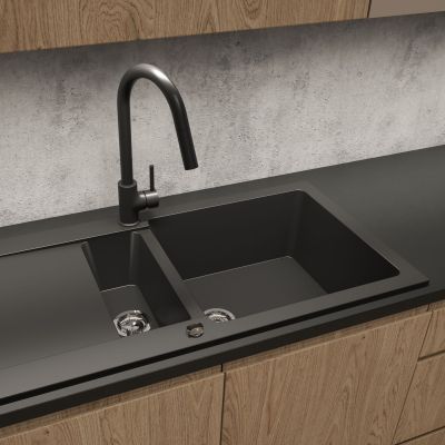 Zestaw Oltens Gravan zlewozmywak granitowy 1,5-komorowy 100x50 cm z baterią kuchenną Skafta czarny mat (72300300, 35206300)