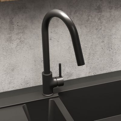 Zestaw Oltens Gravan zlewozmywak granitowy 1-komorowy 62x50 cm z baterią kuchenną Litla czarny mat (72102300, 35204300)