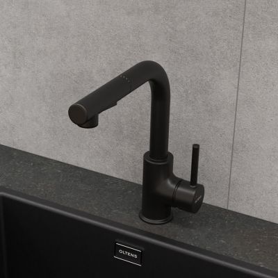 Zestaw Oltens Gravan zlewozmywak granitowy 1-komorowy 62x50 cm z baterią kuchenną Myvat czarny mat (72102300, 35205300)