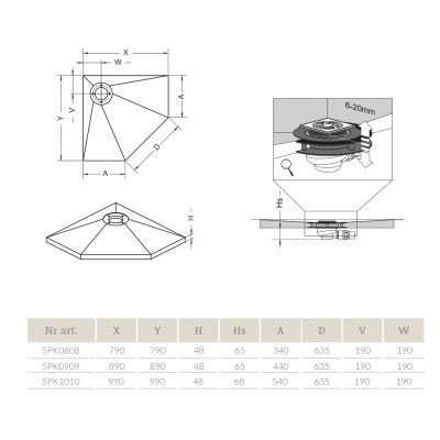 Radaway brodzik podpłytkowy pięciokątny 79x79 cm z kratką odpływową 5PK0808, 5K01, 5SK1