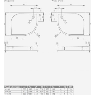 Radaway Delos E Compact brodzik półokrągły 100x80 cm biały SDE1080-05L