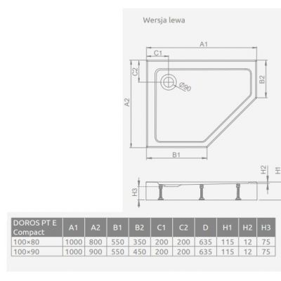 Radaway Doros PT E Compact brodzik 100x80 cm pięciokątny lewy biały SDRPTP1080-05L