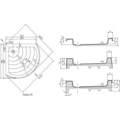 Brodzik półokrągły Ravak Kaskada Radius-90 LA A607001220