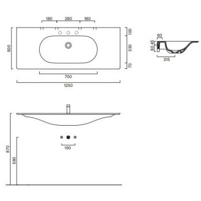 Catalano Sfera umywalka 125x50 cm prostokątna ścienna-meblowa-z blatem biały połysk 0521261001
